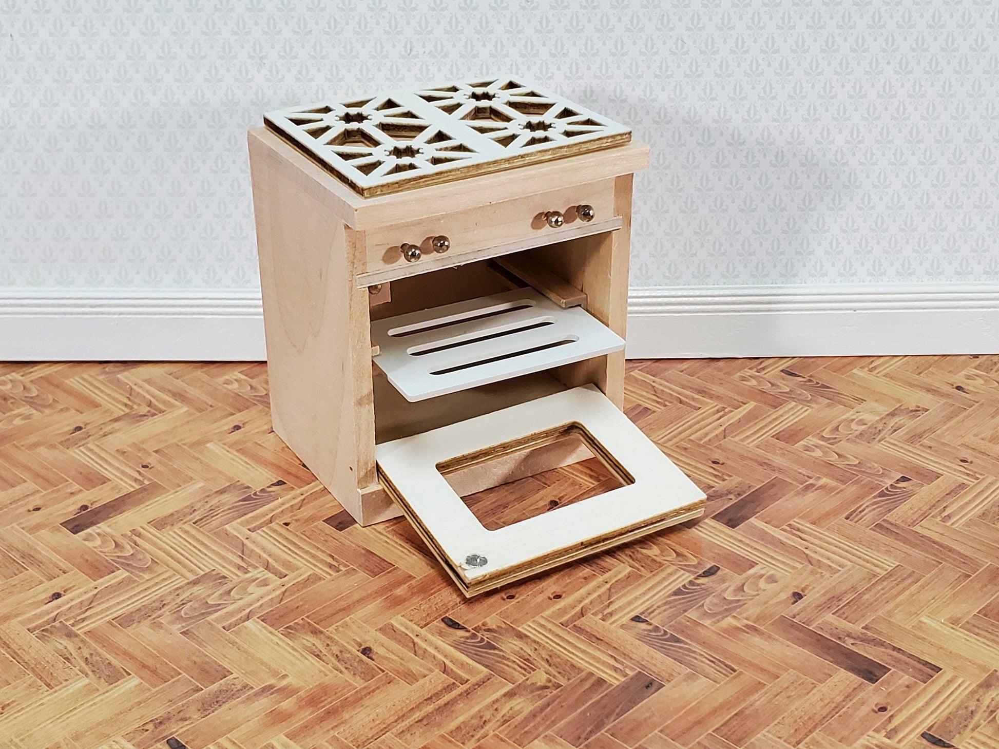Dollhouse Kitchen Oven with Stove Top Modern Unpainted Wood 1:12 Scale Miniature