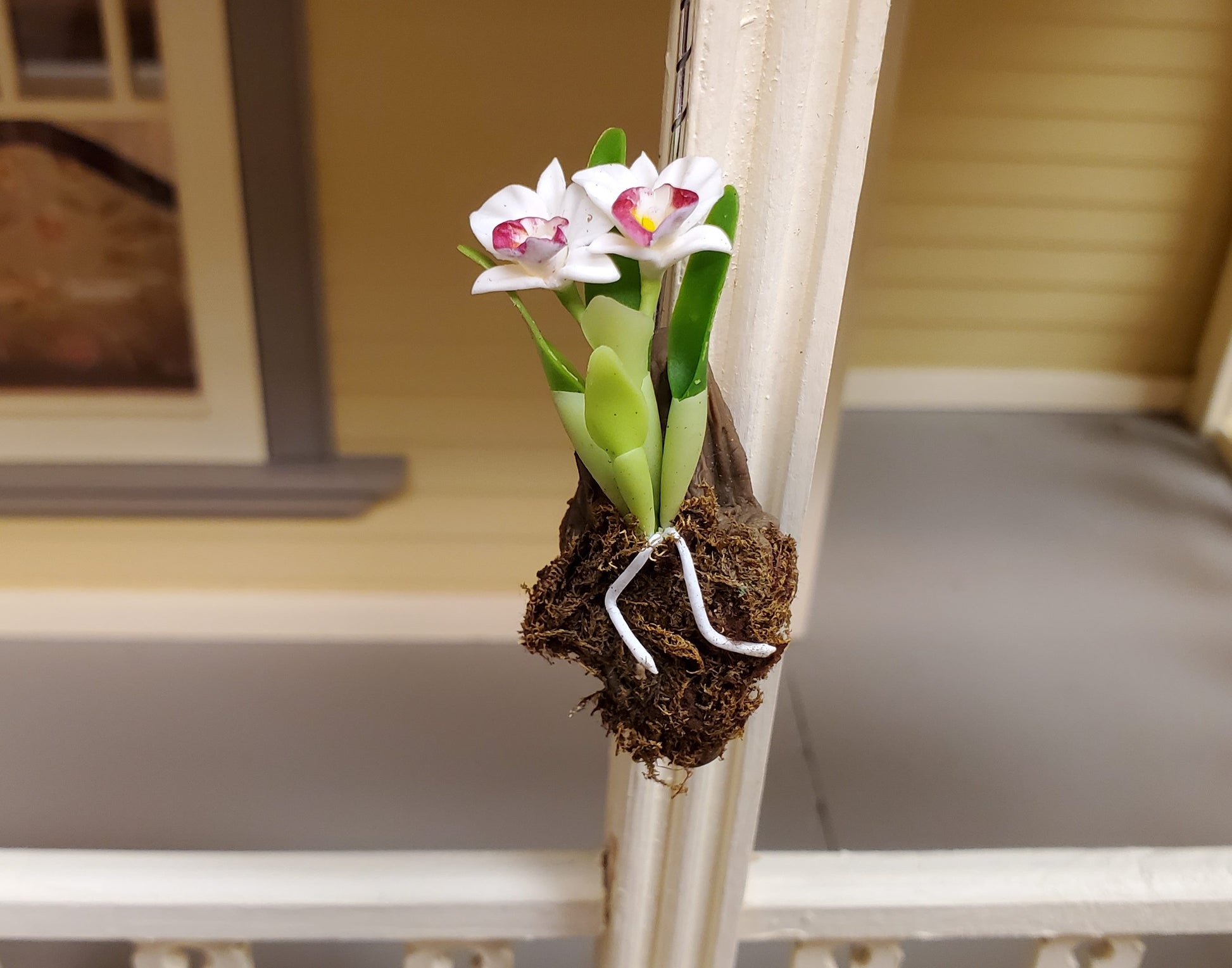 Dollhouse Hanging Orchid on Bark with Moss White & Purple Flowering Plant 1:12 Scale