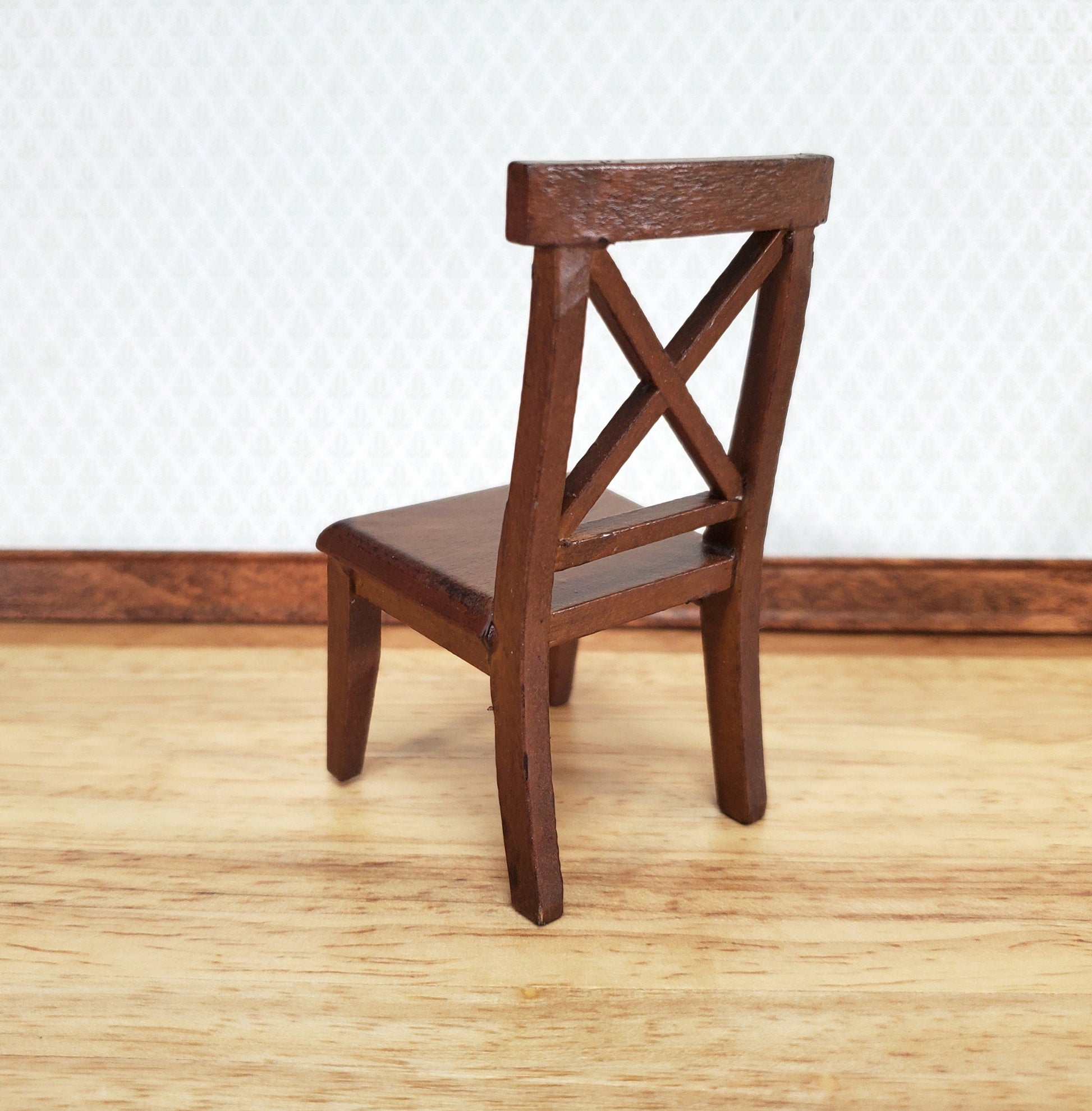 Dollhouse Chair Kitchen Dining Cross Buck Walnut Finish Wood 1:12 Scale Miniature Furniture