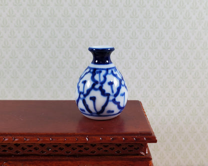 Dollhouse Large Pot Belly Vase Blue & White Patterned Ceramic 1:12 Scale Miniature 1"