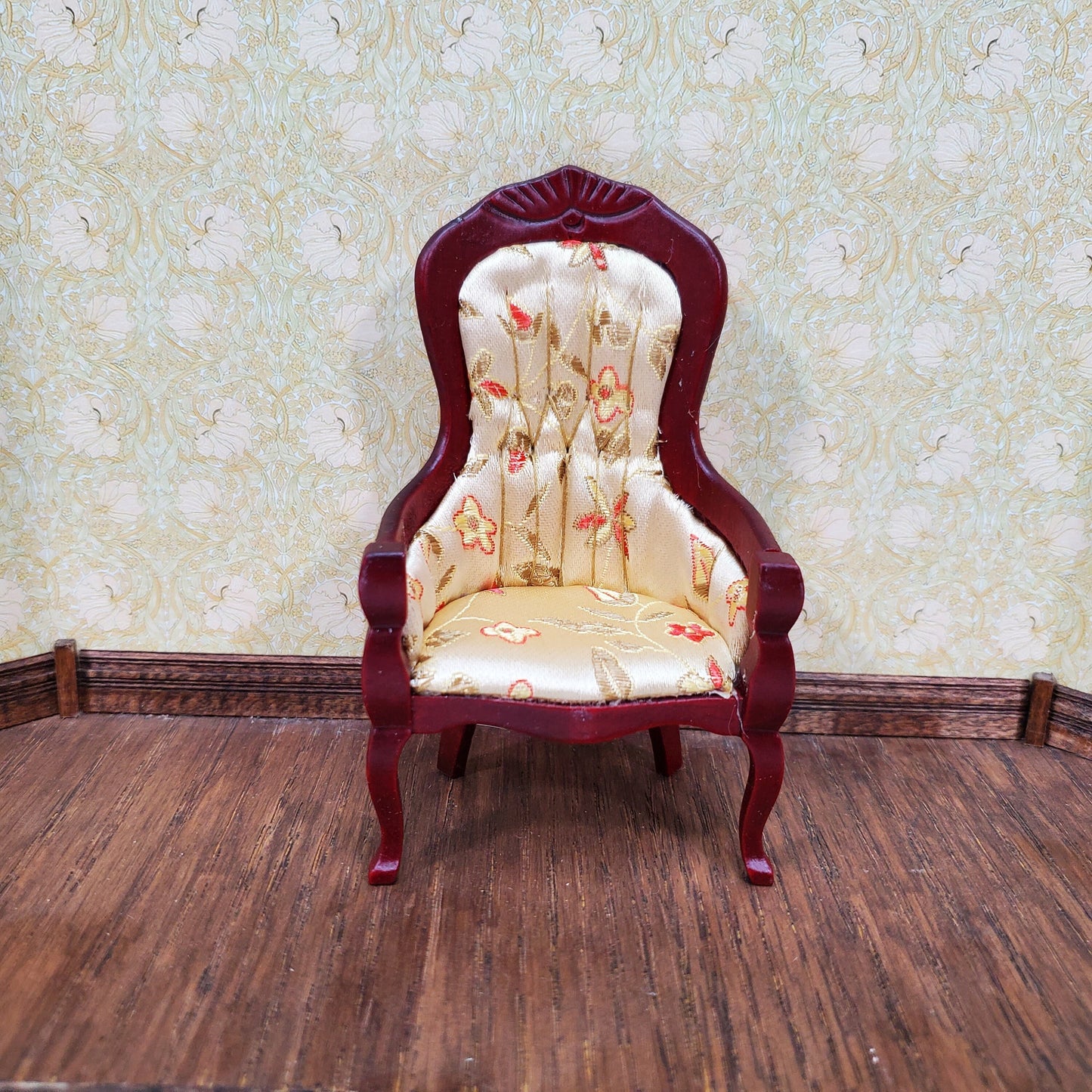 Dollhouse Chair Victorian Style Gold Floral Print 1:12 Miniature Mahogany Finish