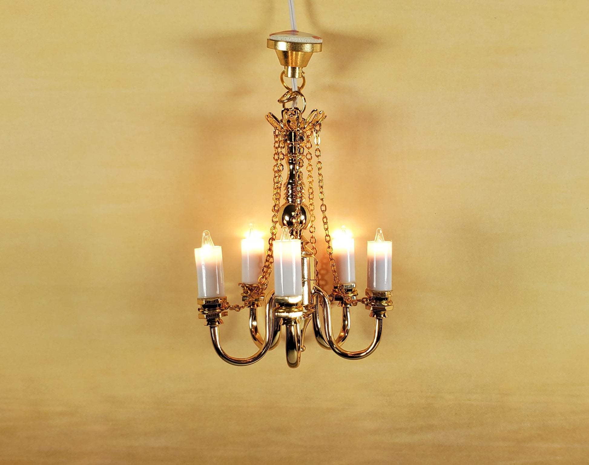 Dollhouse Candle Chandelier Gold 5 Arm 1:12 Scale Miniature 12 Volt with Plug