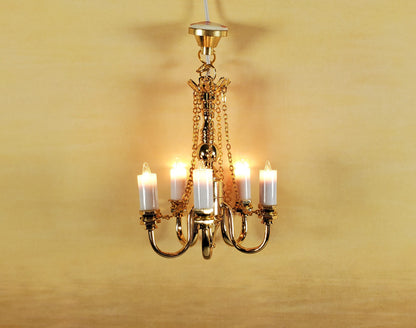 Dollhouse Candle Chandelier Gold 5 Arm 1:12 Scale Miniature 12 Volt with Plug