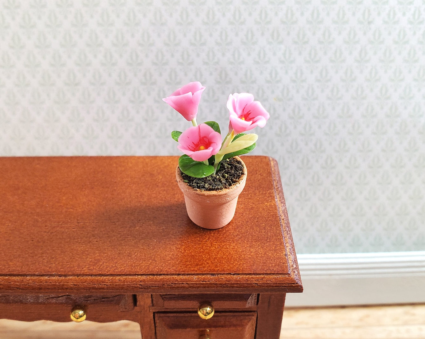 Dollhouse Potted Flowers Pink 1:12 Scale Miniature Houseplant in Terra Cotta Pot