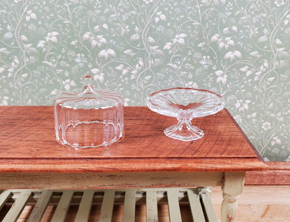 Dollhouse Clear Glass Fluted Cake Stand with Cover 1:12 Scale Miniature Kitchen
