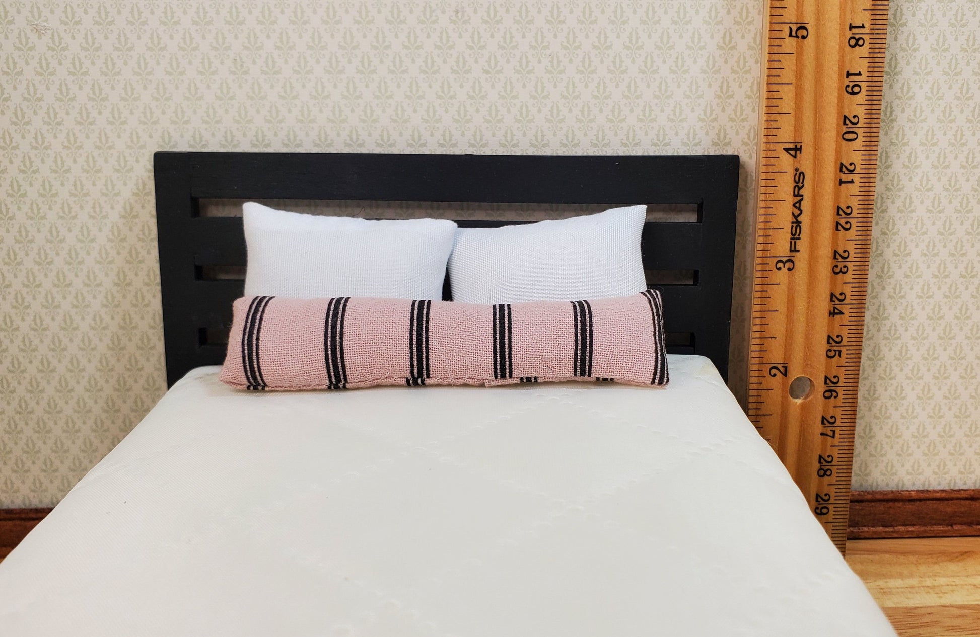 Dollhouse Double Bed Black Modern Style 1:12 Scale Miniature Wood Furniture