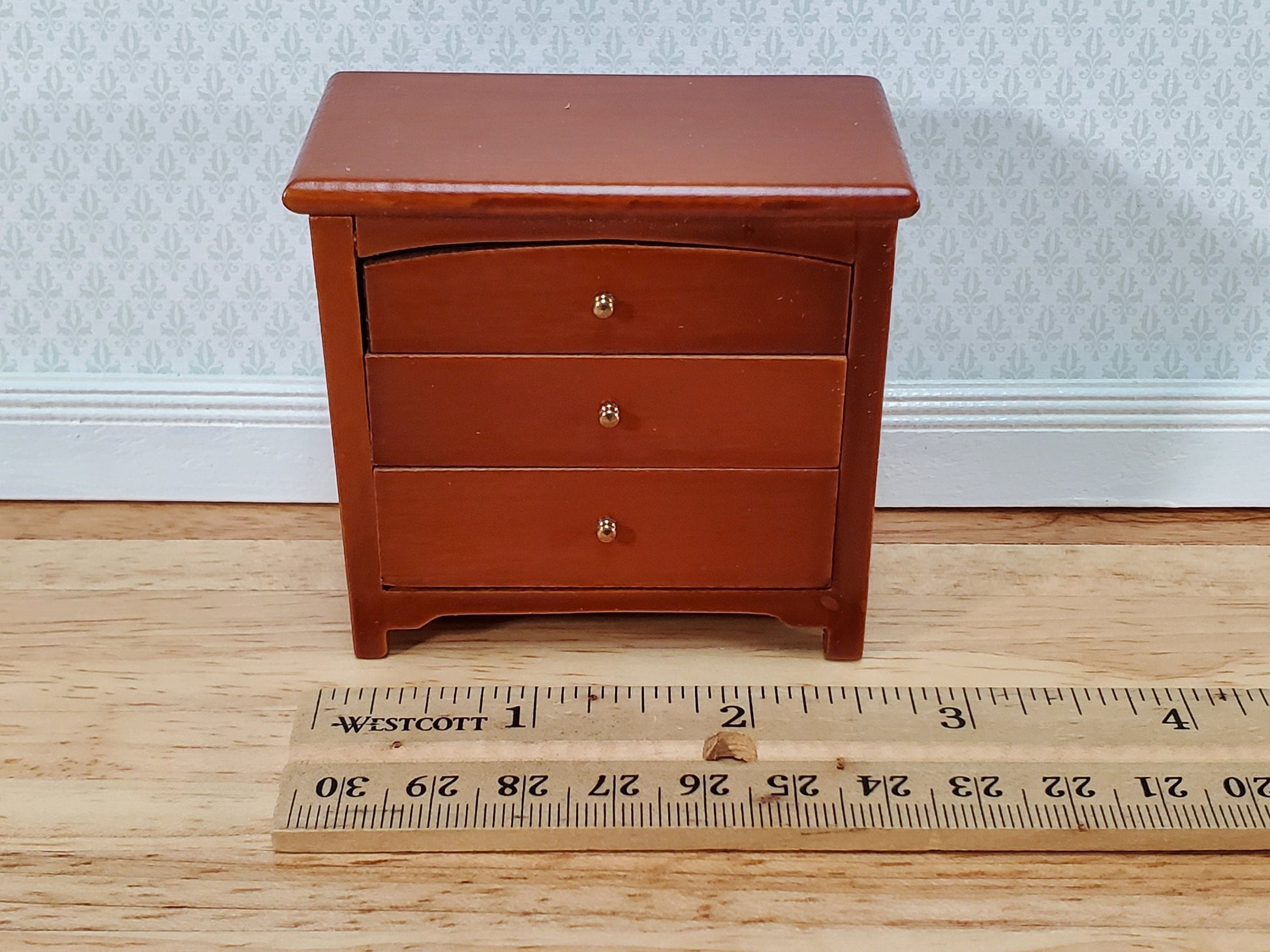 Dollhouse Modern Night Stand Dresser 3 Drawer Walnut Finish 1:12 Scale Miniature Furniture
