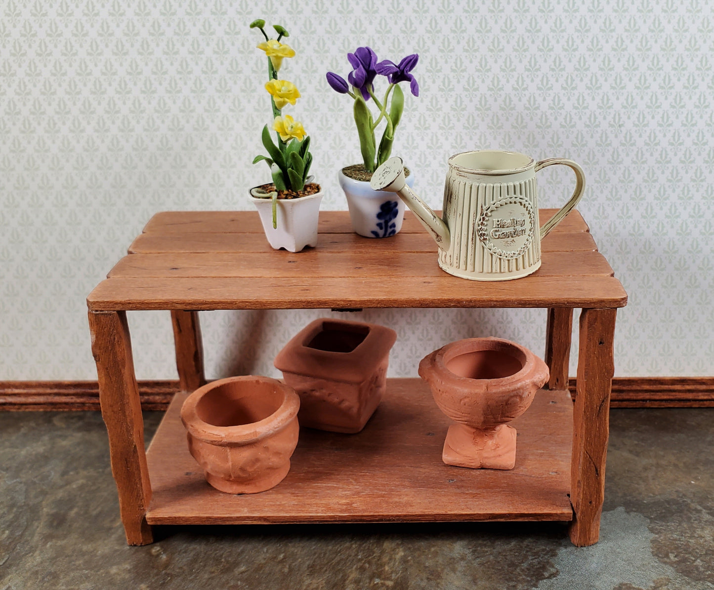 Dollhouse Metal Watering Can with Handle Aged White 1:12 Scale Miniature Garden