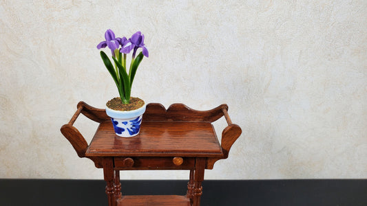 Dollhouse Purple Irises in Blue & White Planter 1:12 Scale Miniature Houseplant