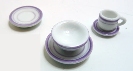 Dollhouse White with Purple Trim Ceramic Dinner Setting 1:12 Scale Miniatures