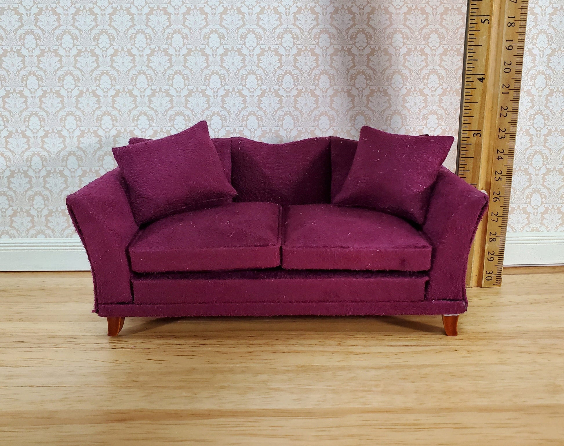 Dollhouse Sofa Couch Plum Burgundy Modern Style 1:12 Scale Miniature Furniture