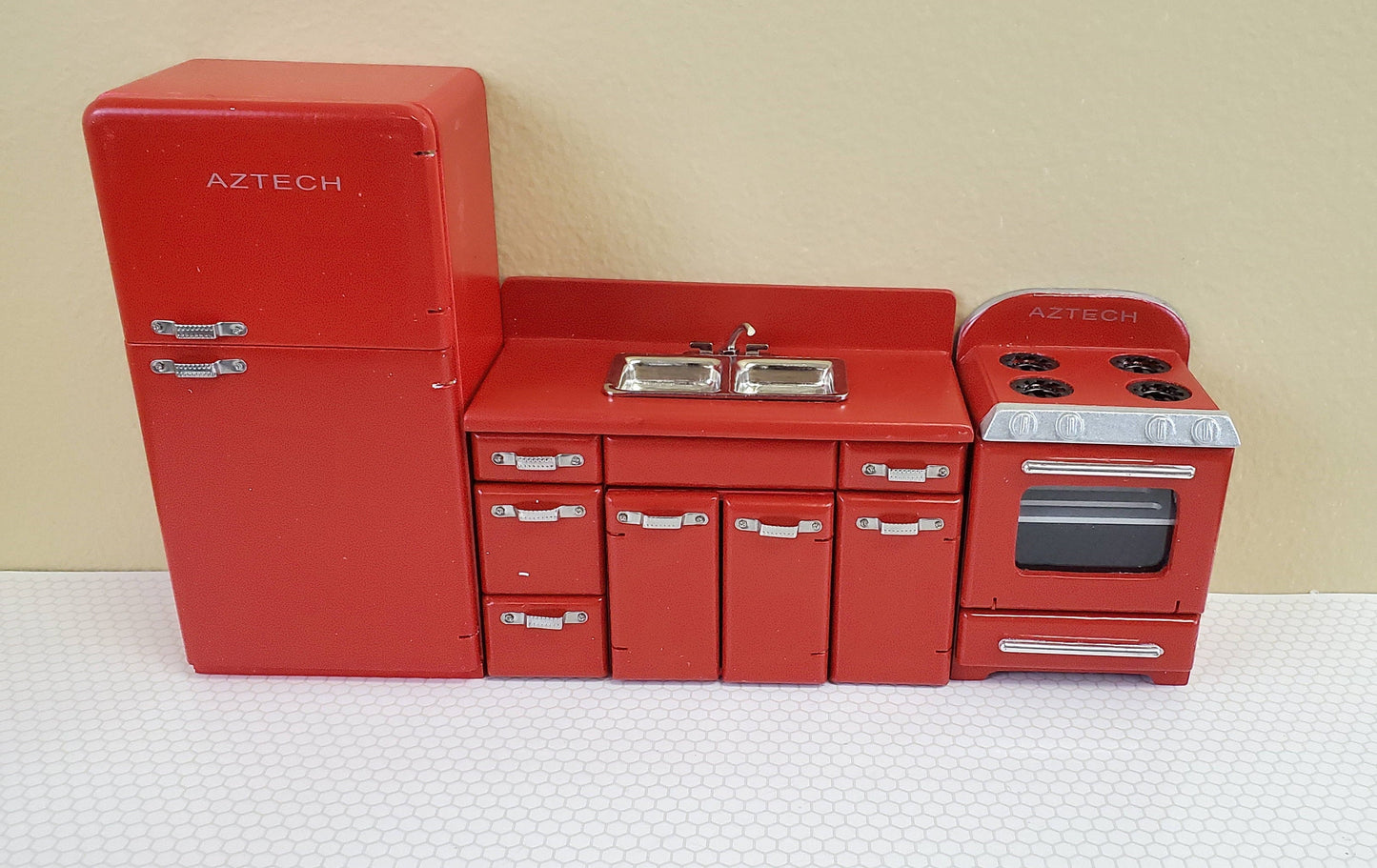 Dollhouse Miniature Kitchen Wall Set Fridge Sink Stove Oven 1:12 Scale Red