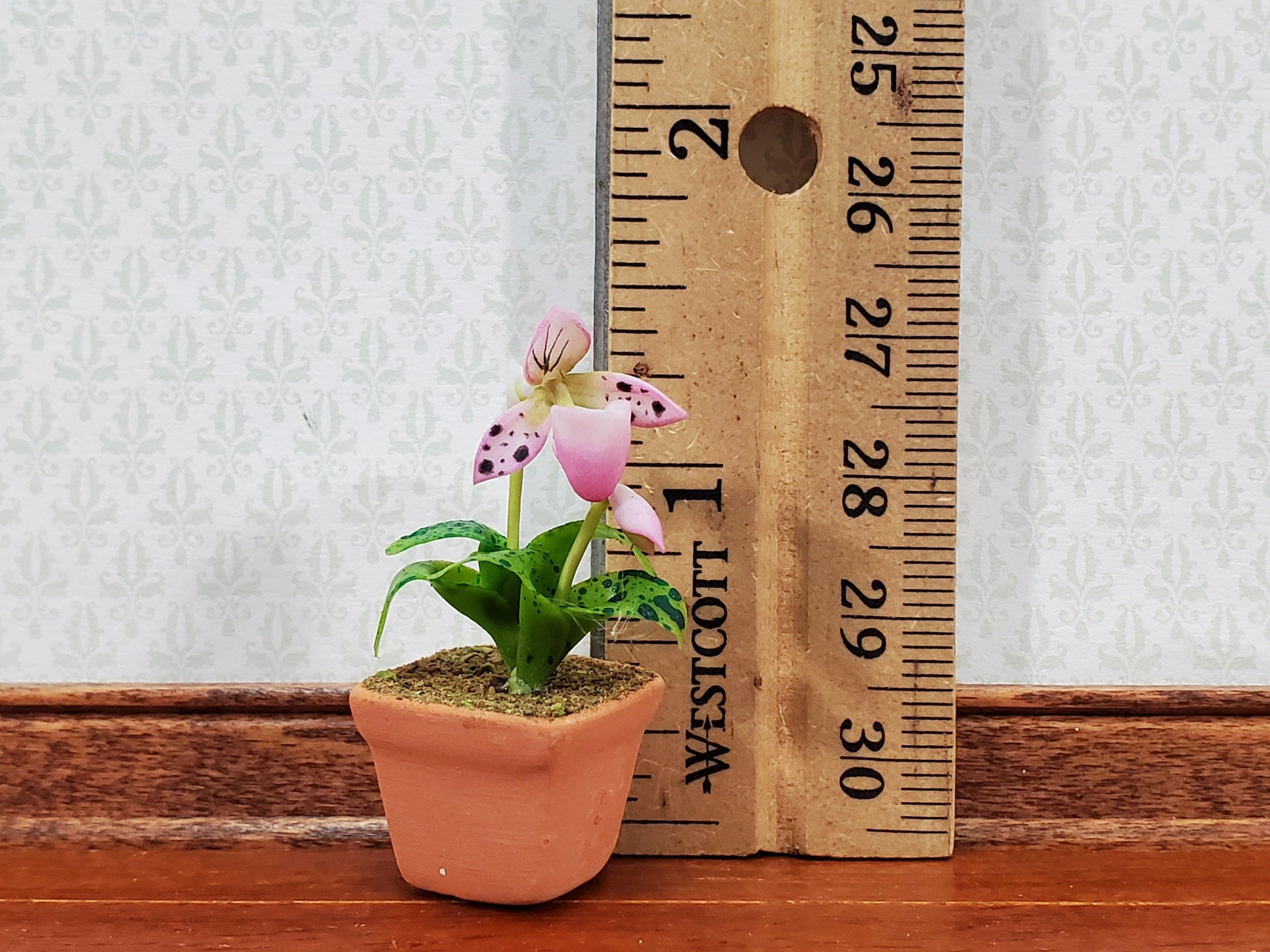 Dollhouse Potted Orchid Pink & White Flowering Plant 1:12 Scale Miniature