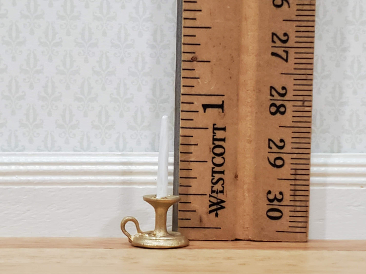 Dollhouse Chamber Candle Holder with Candle Gold 1:12 Scale Miniature Metal