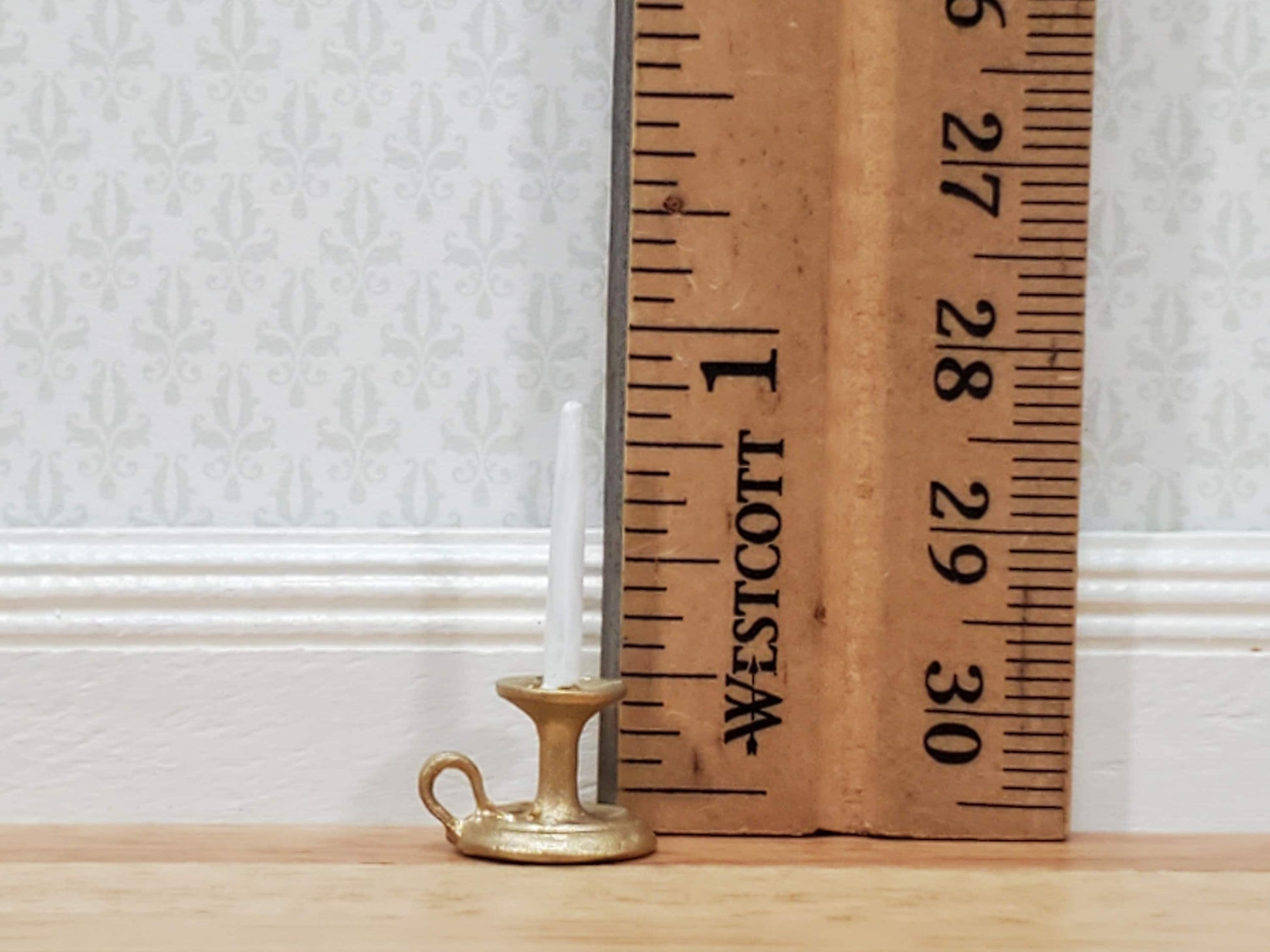 Dollhouse Chamber Candle Holder with Candle Gold 1:12 Scale Miniature Metal