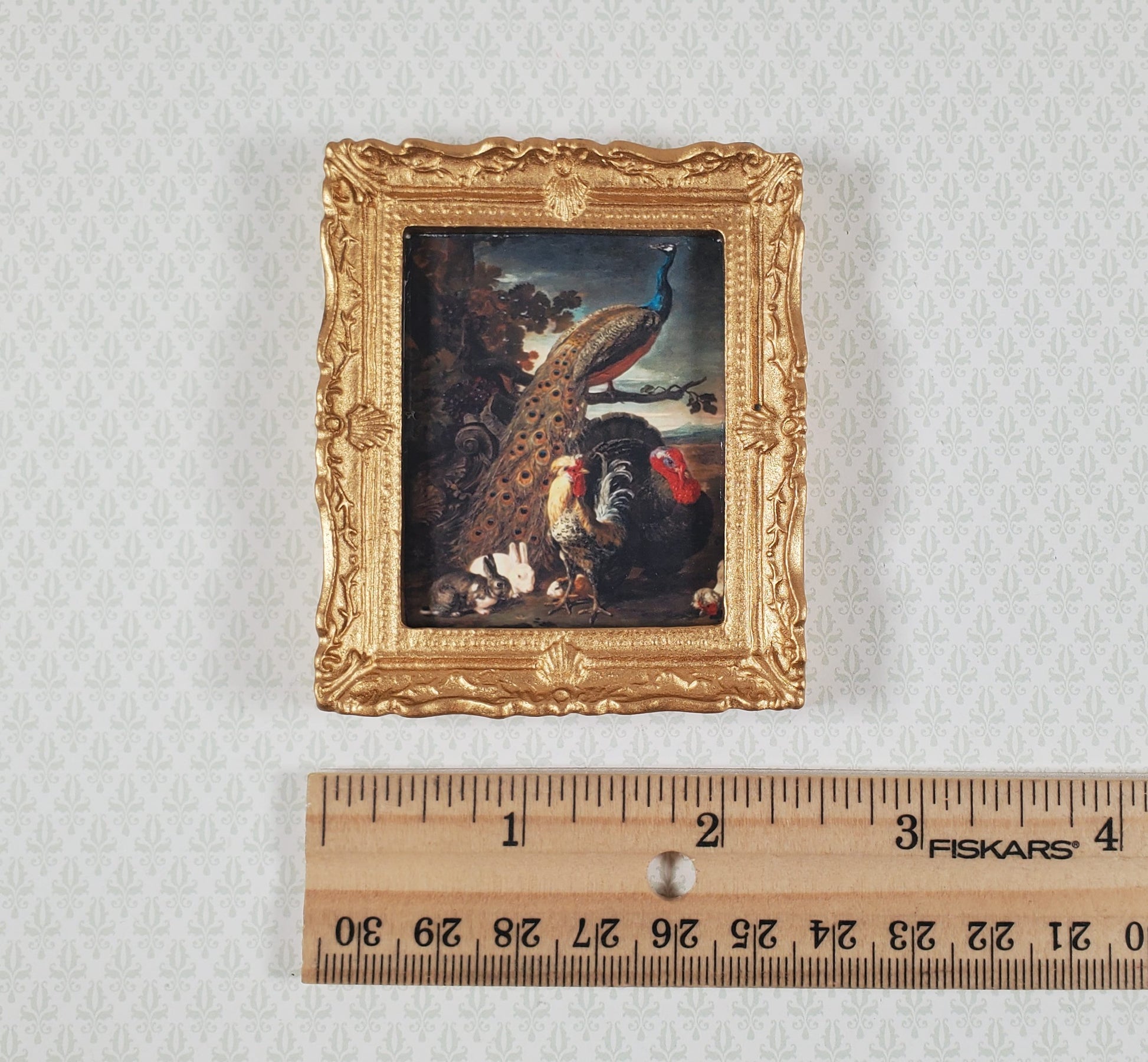 Miniature Framed Peacock Print with Roosters Rabbits 1:12 Scale for Dollhouse