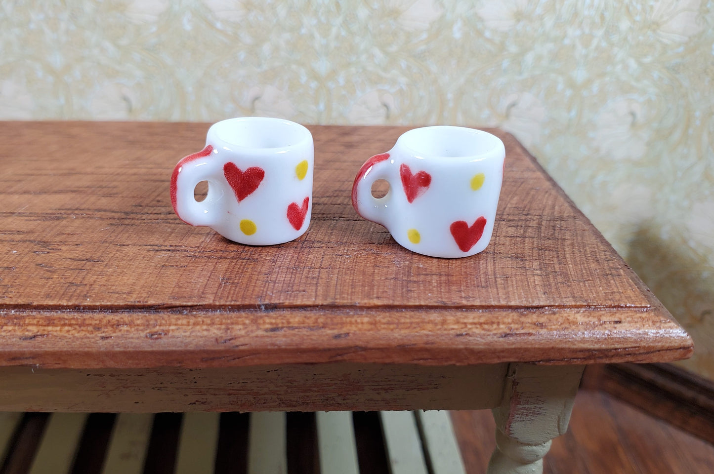Dollhouse Red Heart & Gold Dots Porcelain Mug Set of 2 1:12 Scale Miniature