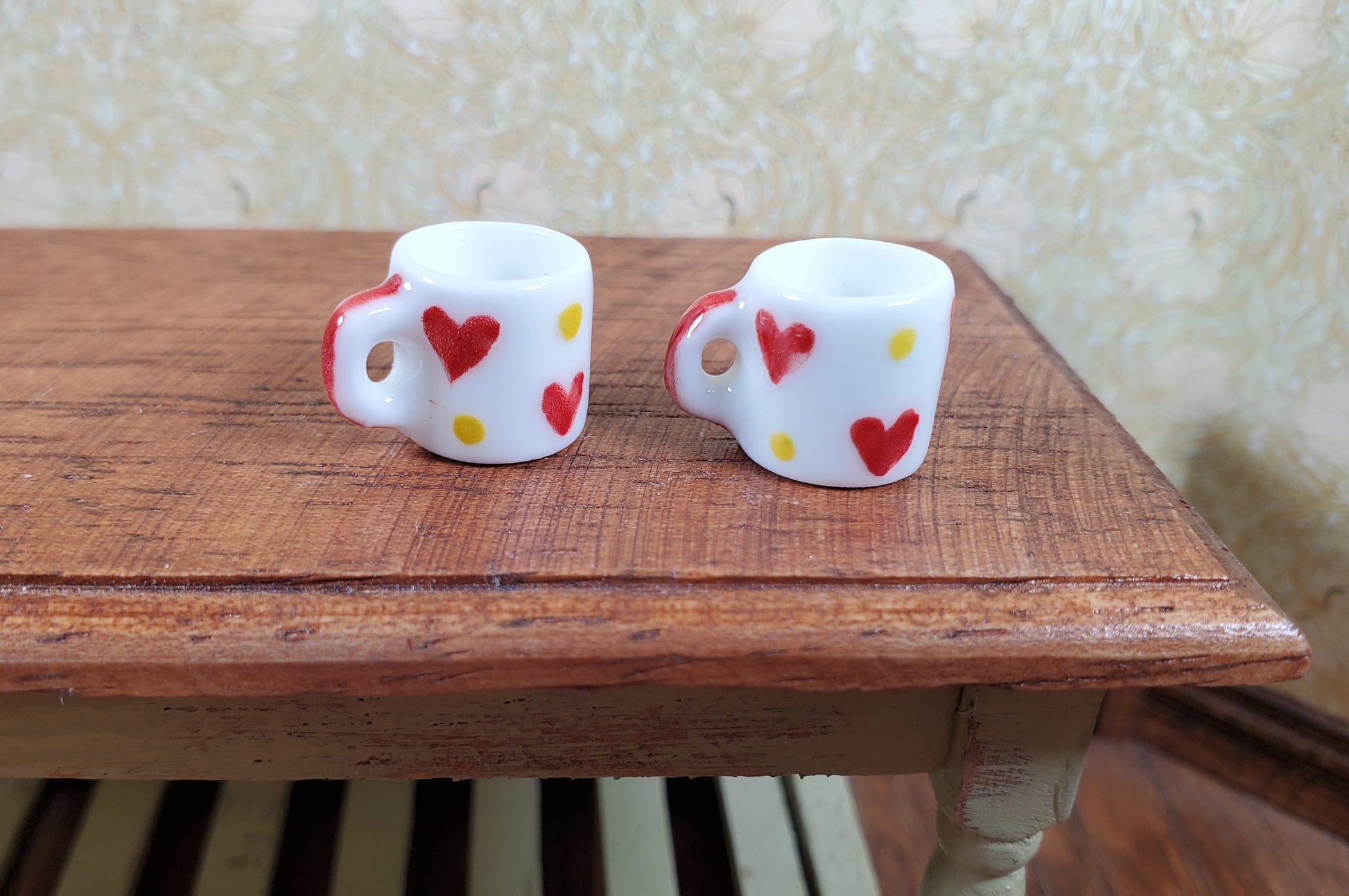 Dollhouse Red Heart & Gold Dots Porcelain Mug Set of 2 1:12 Scale Miniature