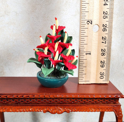 Dollhouse Red Anthurium Plant in Dark Green Bowl 1:12 Scale Miniature