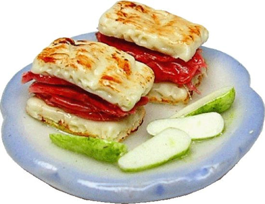 Dollhouse Corned Beef Sandwich on a Blue & White Plate 1:12 Scale Miniature Food