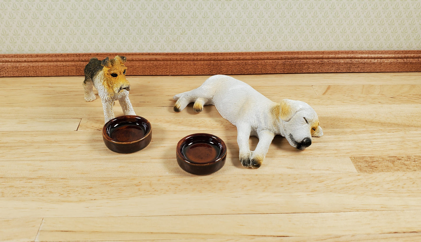 Dollhouse Dog Food Bowl Doggie Dish Large x2 Brown Ceramic 1:12 Scale