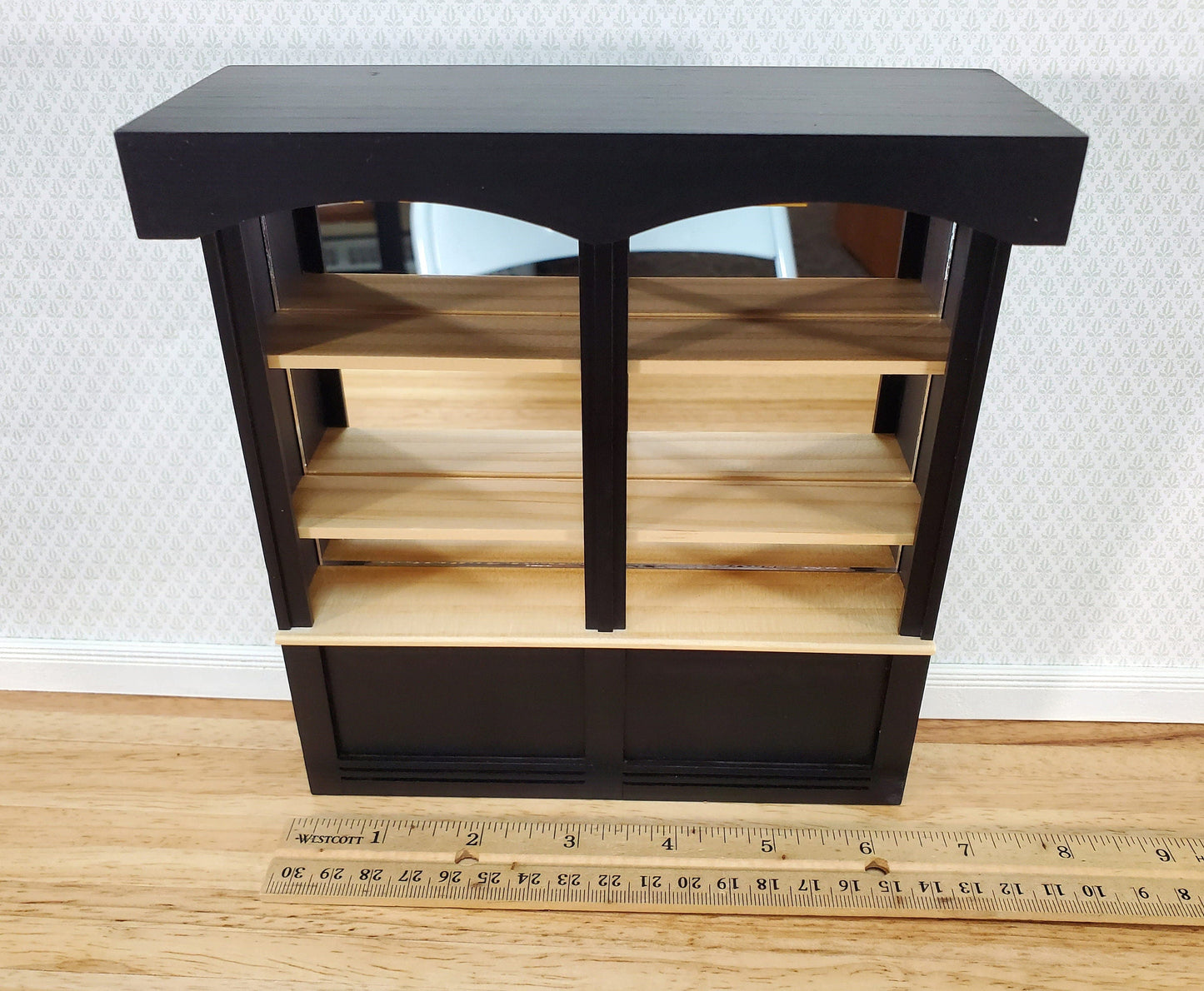 Dollhouse Bar or Shop Shelves Mirrored Back Black & Oak 1:12 Scale Miniature