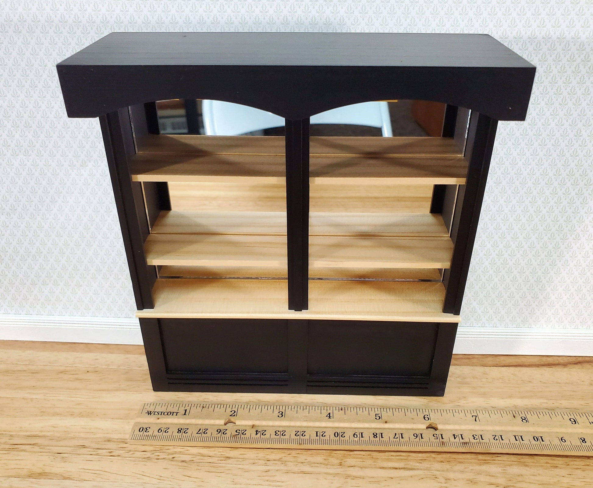 Dollhouse Bar or Shop Shelves Mirrored Back Black & Oak 1:12 Scale Miniature