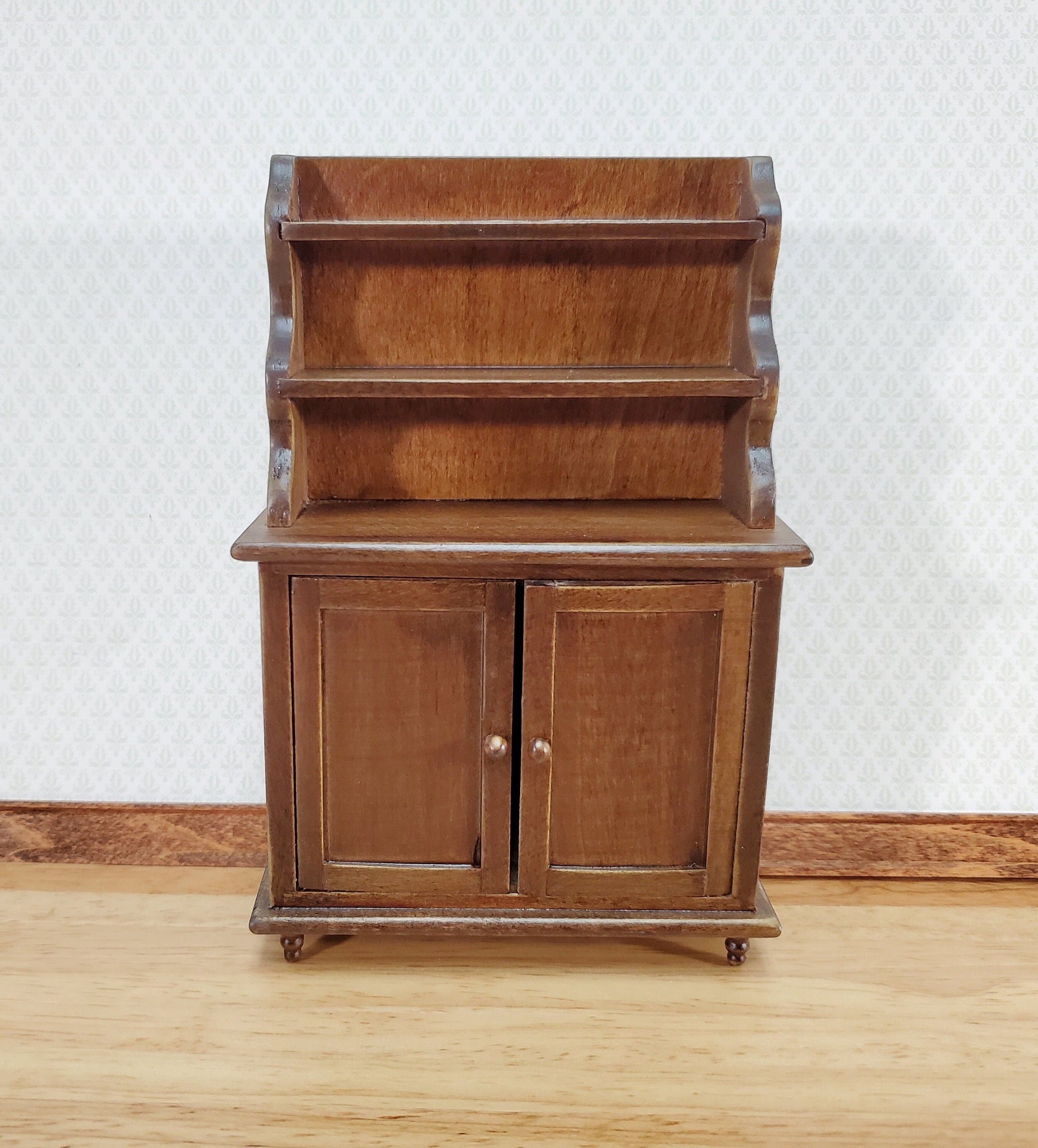 Dollhouse Tall Hutch Cabinet with Shelves Dark Walnut Finish 1:12 Scale Furniture