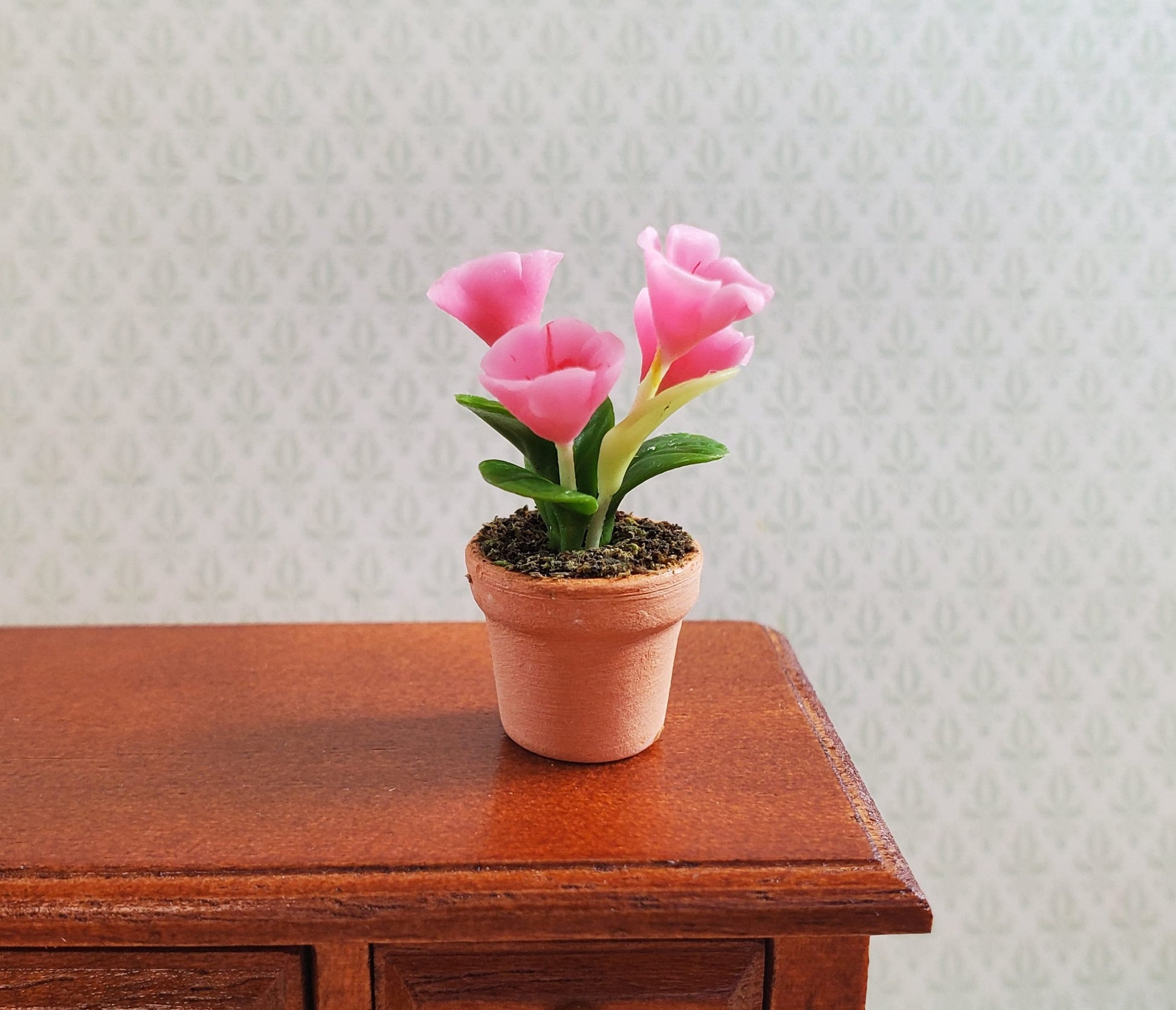 Dollhouse Potted Flowers Pink 1:12 Scale Miniature Houseplant in Terra Cotta Pot