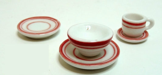 Dollhouse White with Red Trim Ceramic Dinner Setting 1:12 Scale Miniatures