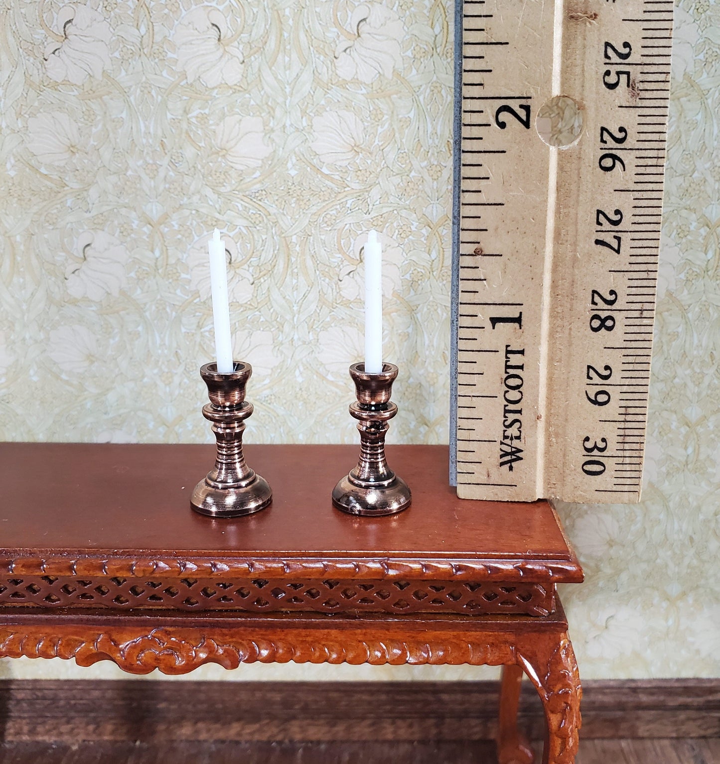 Dollhouse Tall Candlestick Holders with Candles Set of 2 1:12 Scale Metal Aged Copper Finish