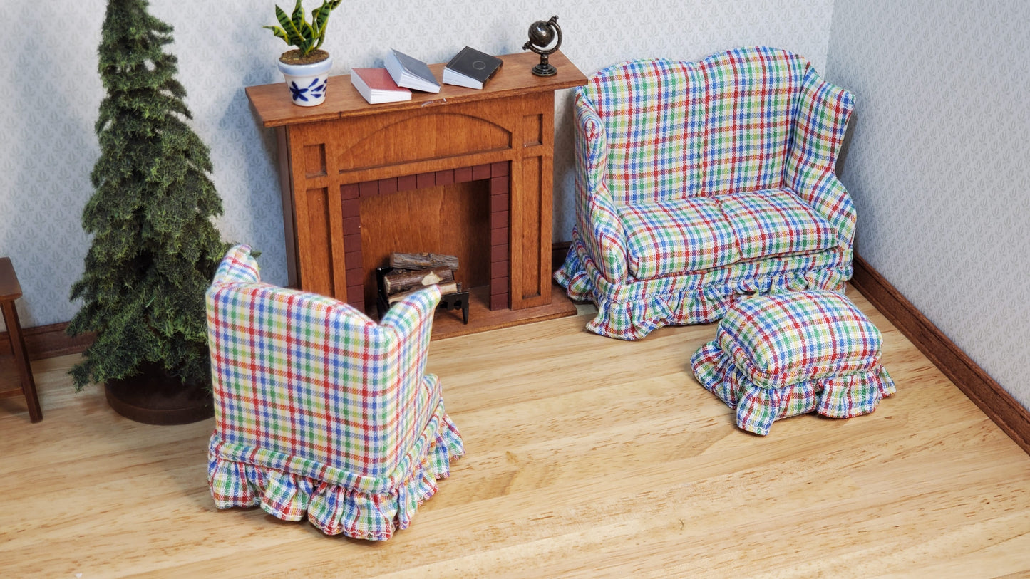 Dollhouse Small Sofa Chair Ottoman Rainbow Plaid 1:12 Scale Miniature Furniture