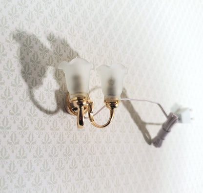 Dollhouse Double Tulip Sconce Flower Shade 12 Volt with Plug 1:12 Scale HW2673