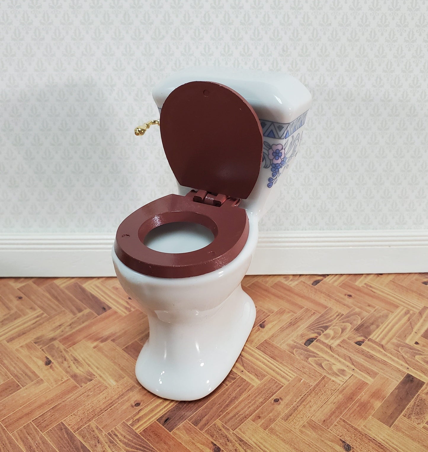 Dollhouse Bathroom Set White & Blue Ceramic Tub Toilet Sink 1:12 Scale Miniature