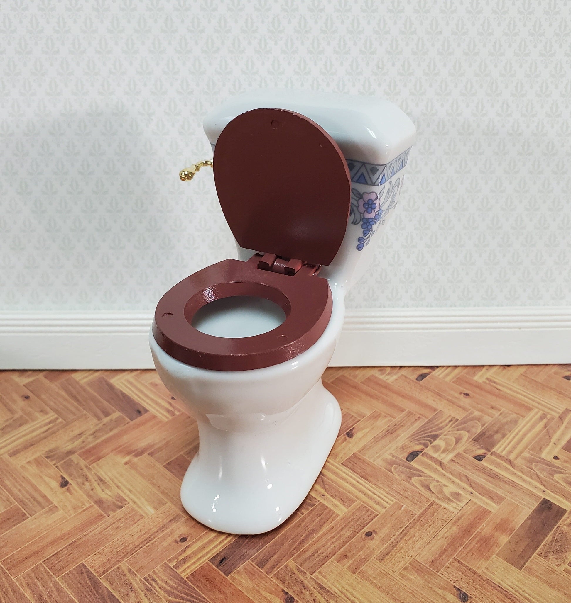 Dollhouse Bathroom Set White & Blue Ceramic Tub Toilet Sink 1:12 Scale Miniature