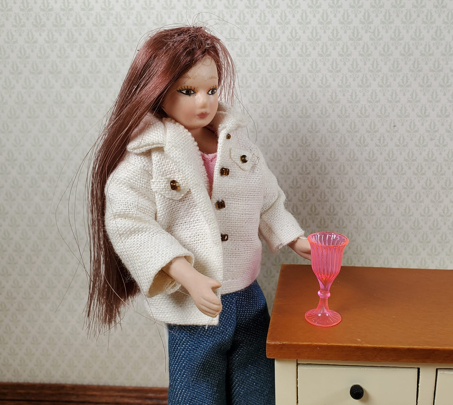 Dollhouse Fluorescent Pink Cut Glass Wine or Water Glass Tall 1:12 Scale