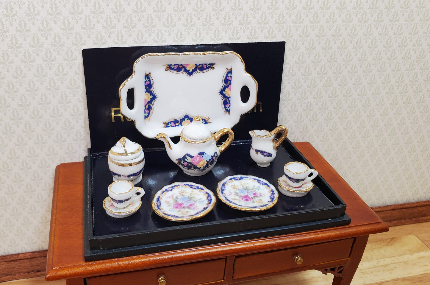 Dollhouse Tea Set Reutter Porcelain Royal Blue 1:12 Scale Plates Tray Cups