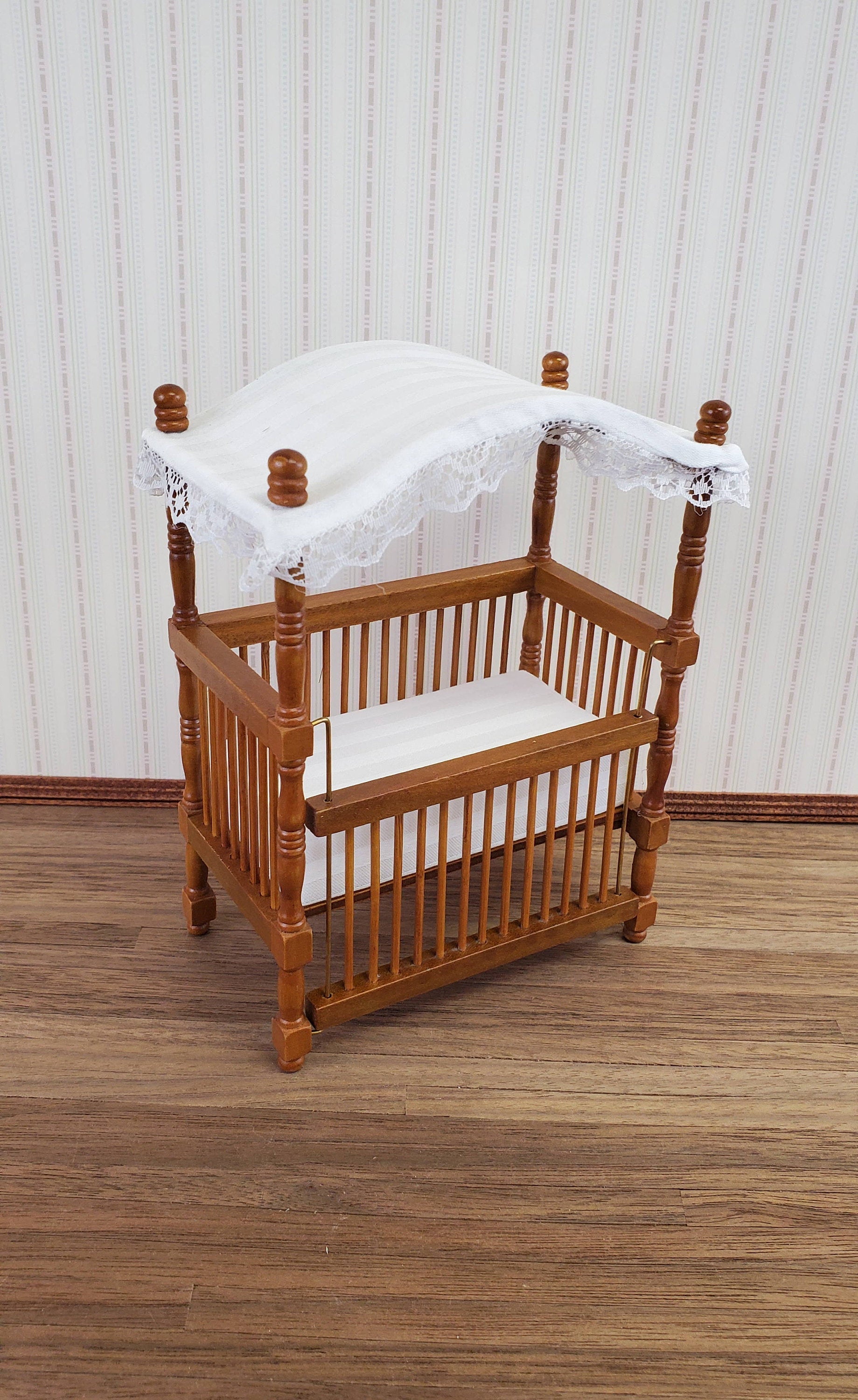 Dollhouse Miniature Canopy Crib Walnut Finish 1:12 Scale Nursery Furniture