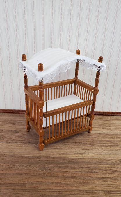 Dollhouse Miniature Canopy Crib Walnut Finish 1:12 Scale Nursery Furniture