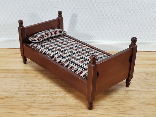 Dollhouse Small Bed Plaid Fabric Pillow Boys Room 1:12 Scale Miniature Furniture