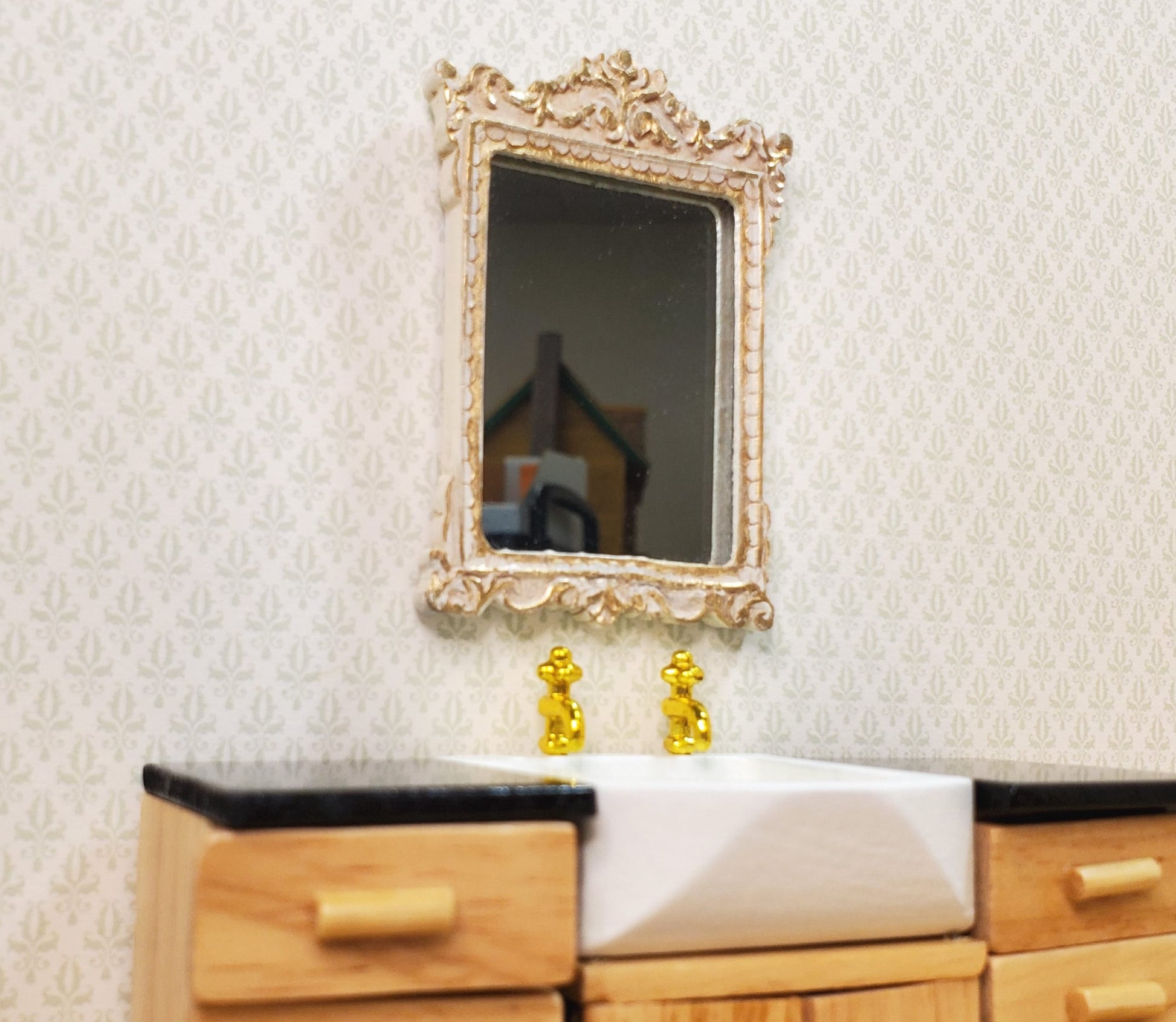 Dollhouse Mirror French Victorian Style Antique White & Gold 1:12 Scale