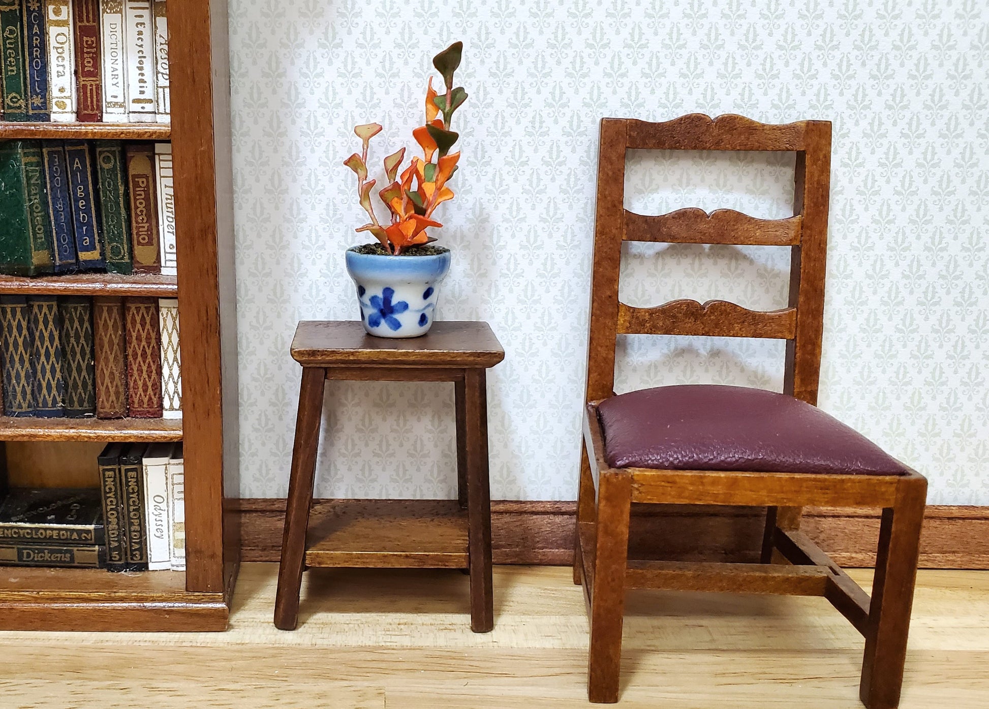 Dollhouse Orange Ivy Plant in Blue & White Ceramic Pot 1:12 Scale Miniature