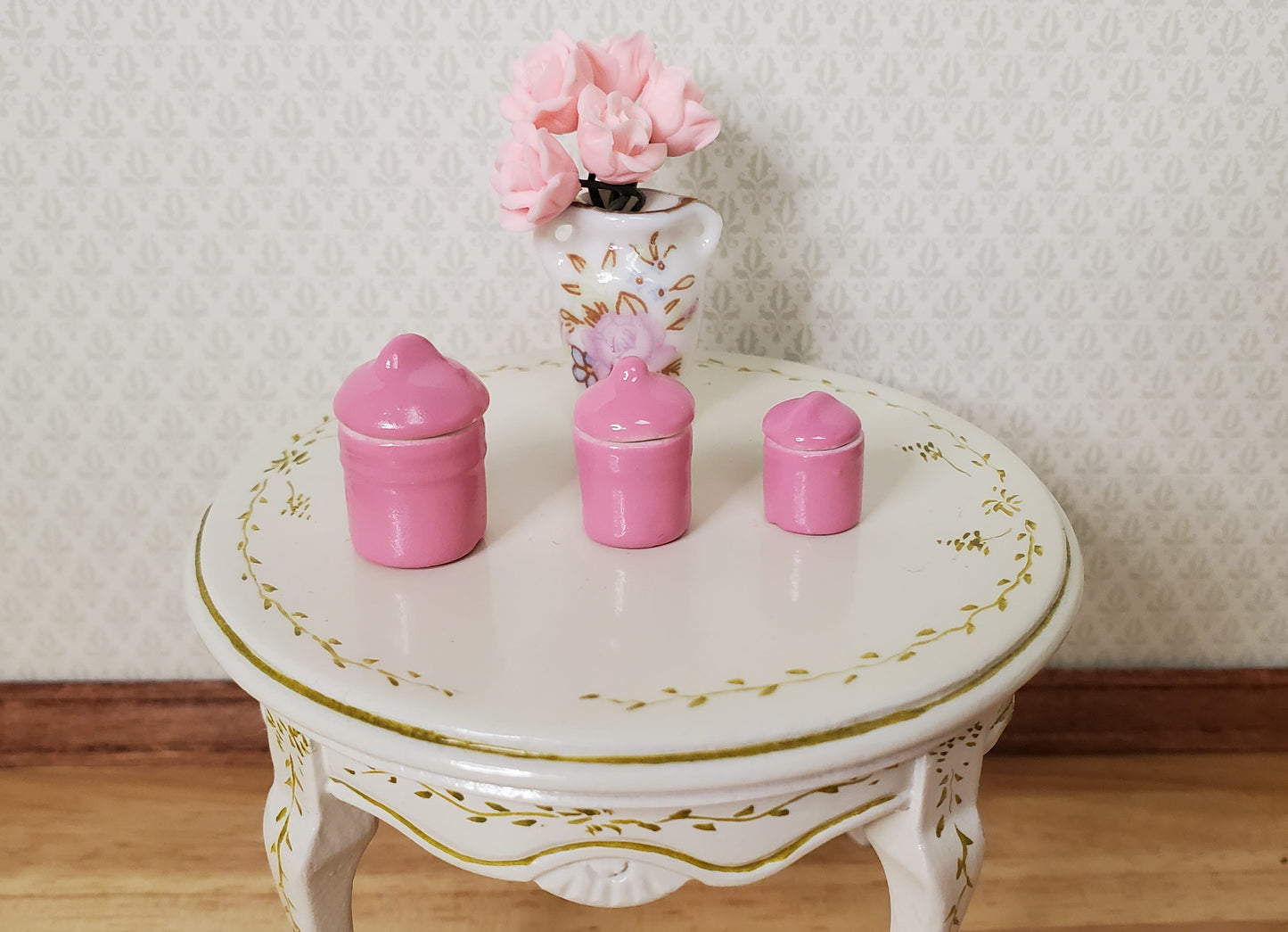 Dollhouse Pink Canister Set with Removable 1:12 Scale Kitchen Miniatures