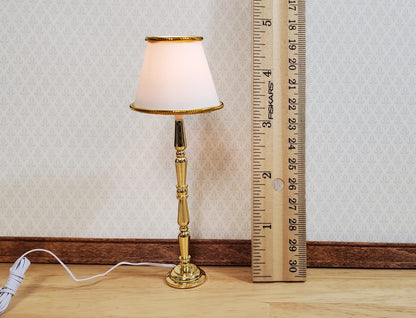 Dollhouse Brass Floor Lamp White Shade 12 Volt with Plug 1:12 Scale HW2718
