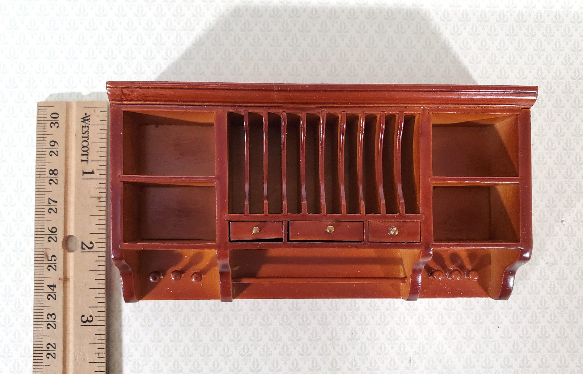 Dollhouse Plate Rack Shelf Kitchen Walnut with Drawers and Shelves 1:12 Scale Miniature