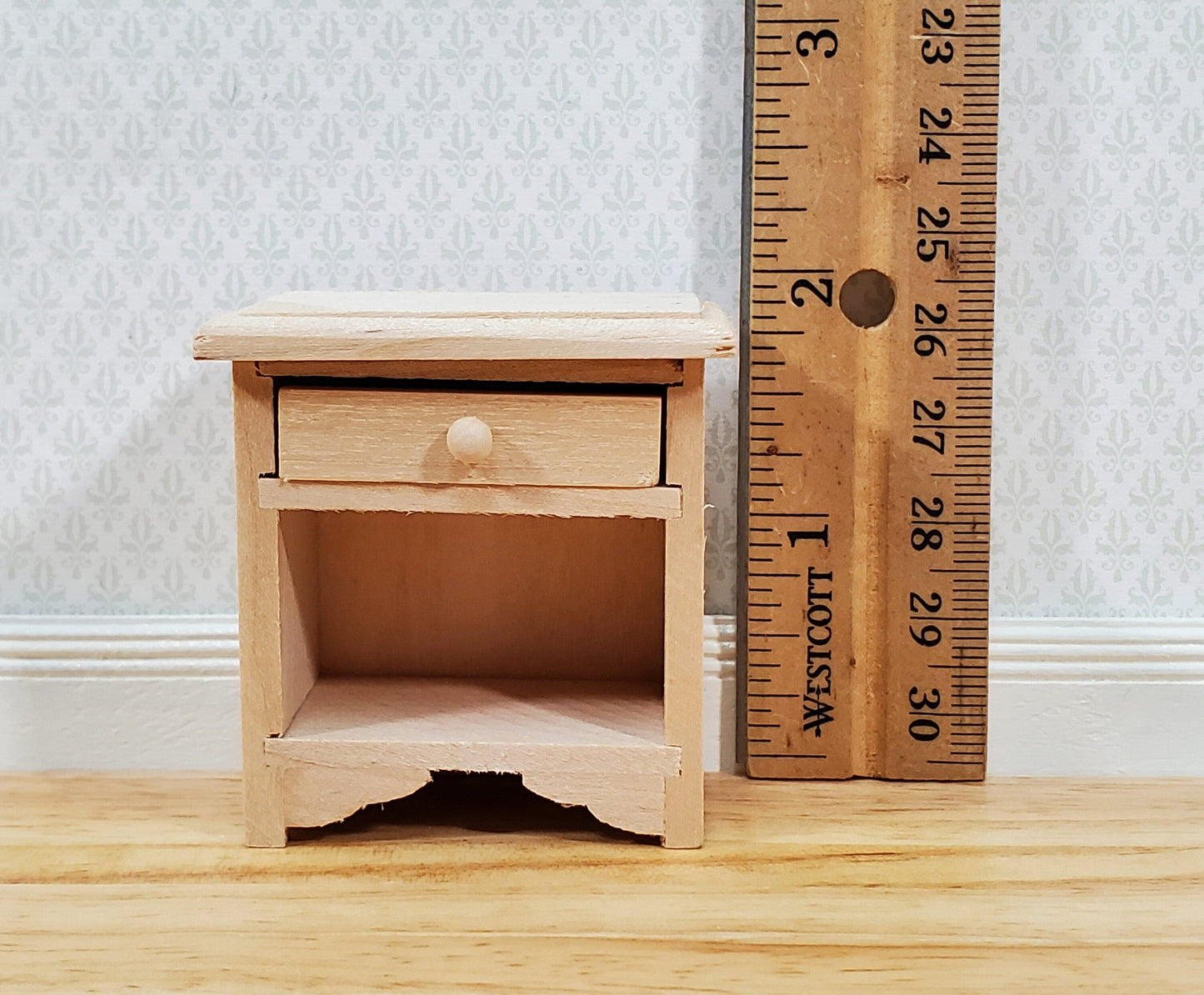 Dollhouse Nightstand Side Table with Drawer Unpainted Wood 1:12 Scale Miniature Furniture
