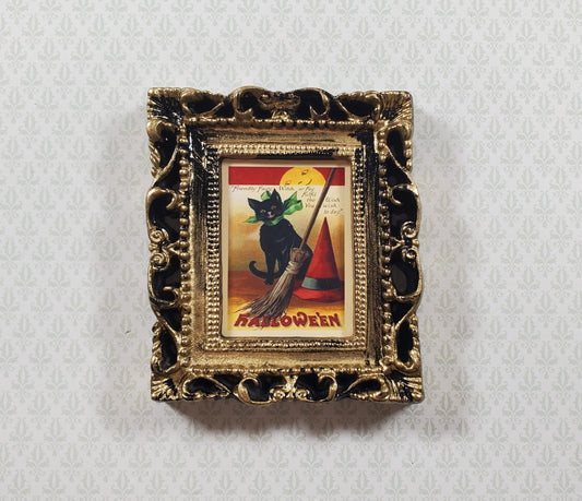 Miniature Vintage Black Cat Halloween Framed Print 1:12 Scale Witch House