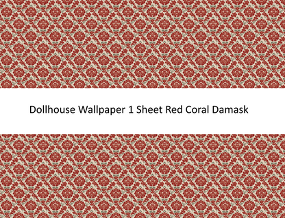 Dollhouse Wallpaper Red Coral Damask 1:12 Scale by MiniatureCrush