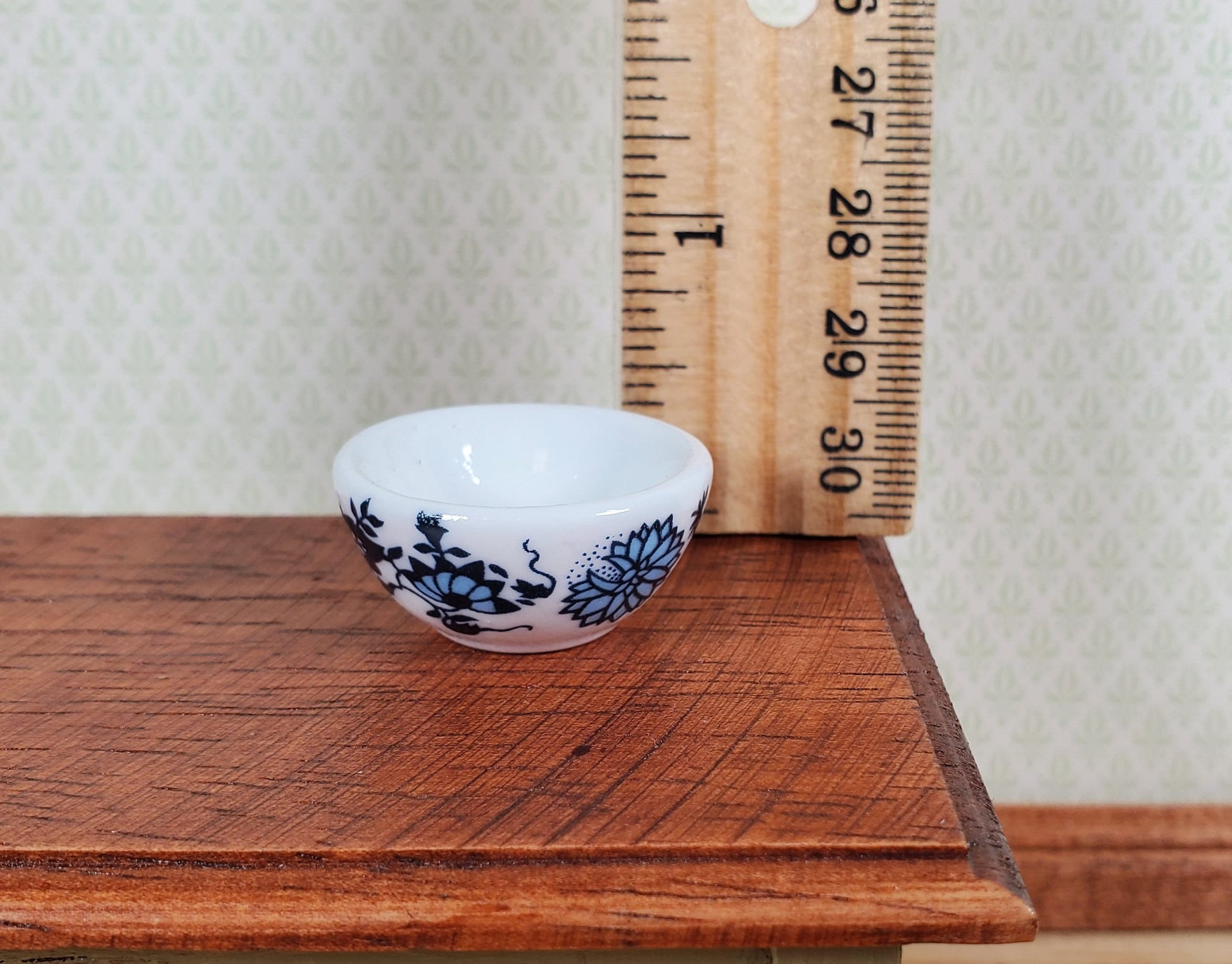 Dollhouse Large Serving Bowl Ceramic Blue White Floral 1:12 Scale Miniature