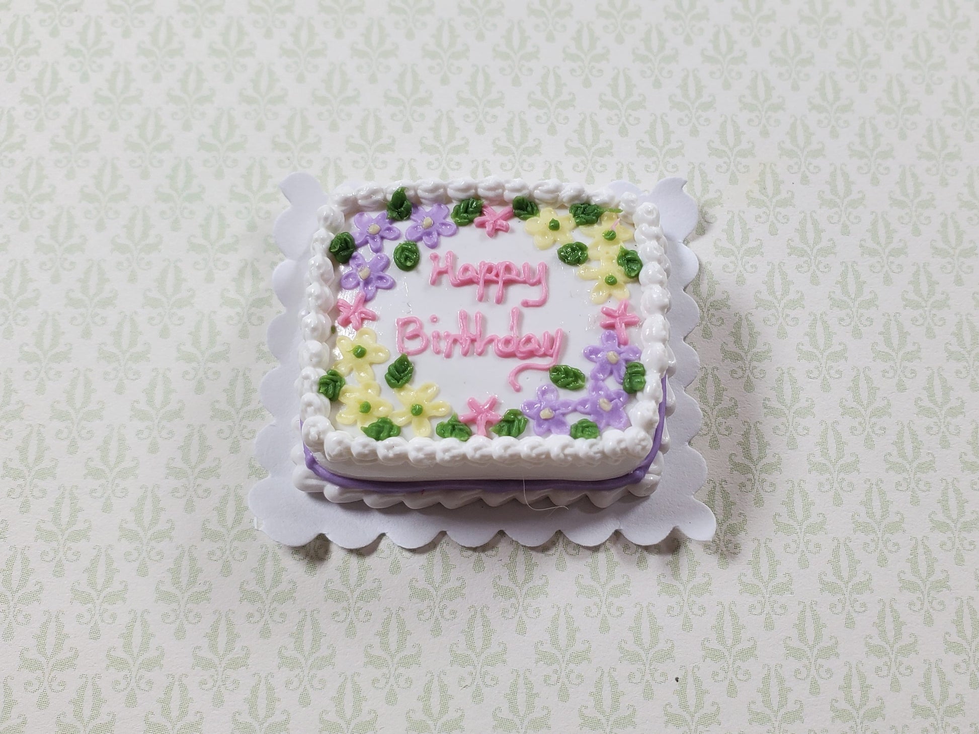 Dollhouse Happy Birthday Sheet Cake Floral 1:12 Scale Miniature Dessert Bakery